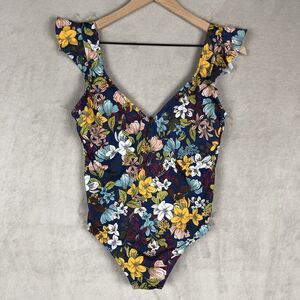 BEACH‎ BETTY Miracle Brands Estilo Swimsuit Sz S Blue Floral Flutter Strap Tie